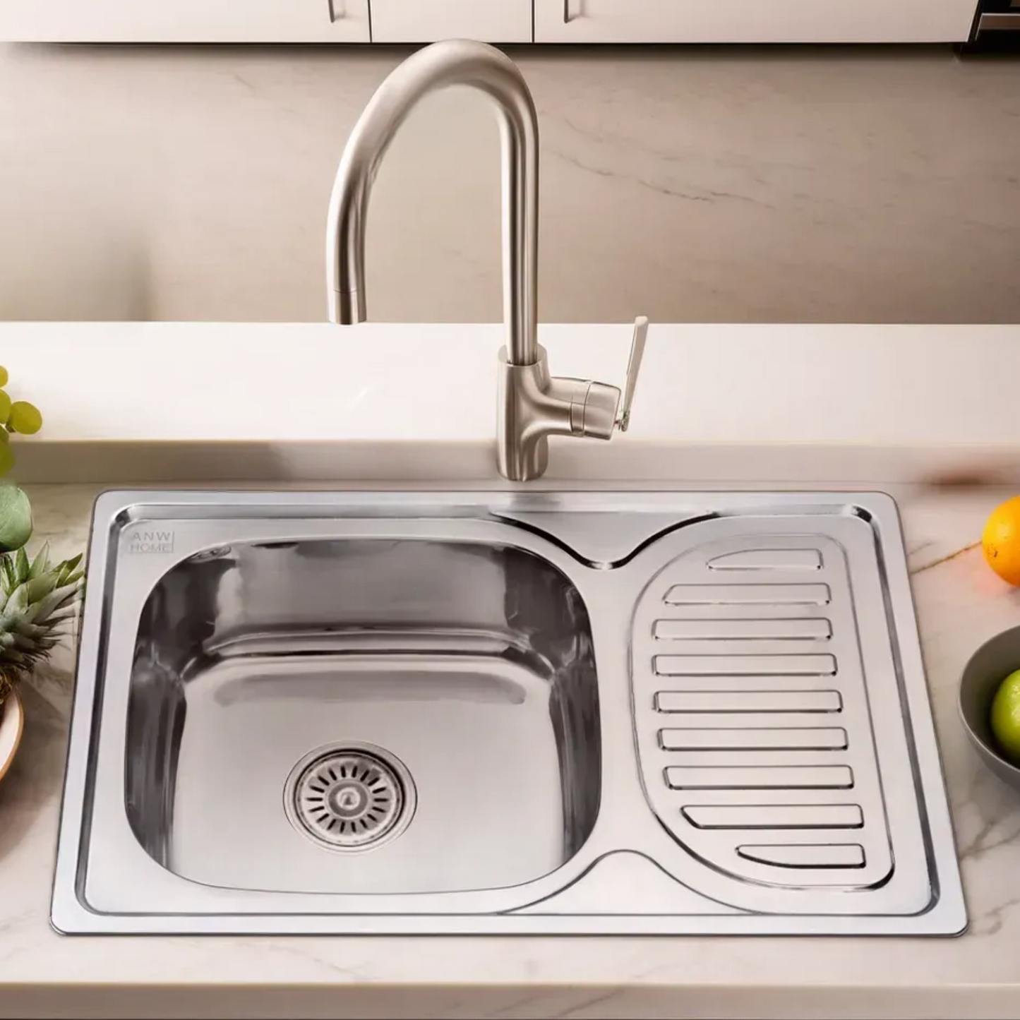 ANW HOME 66 x 42 x 16 cm Edelstahl-Küchenspüle mit Abtropffläche – Silber Satin, Top Mount, Wendbar