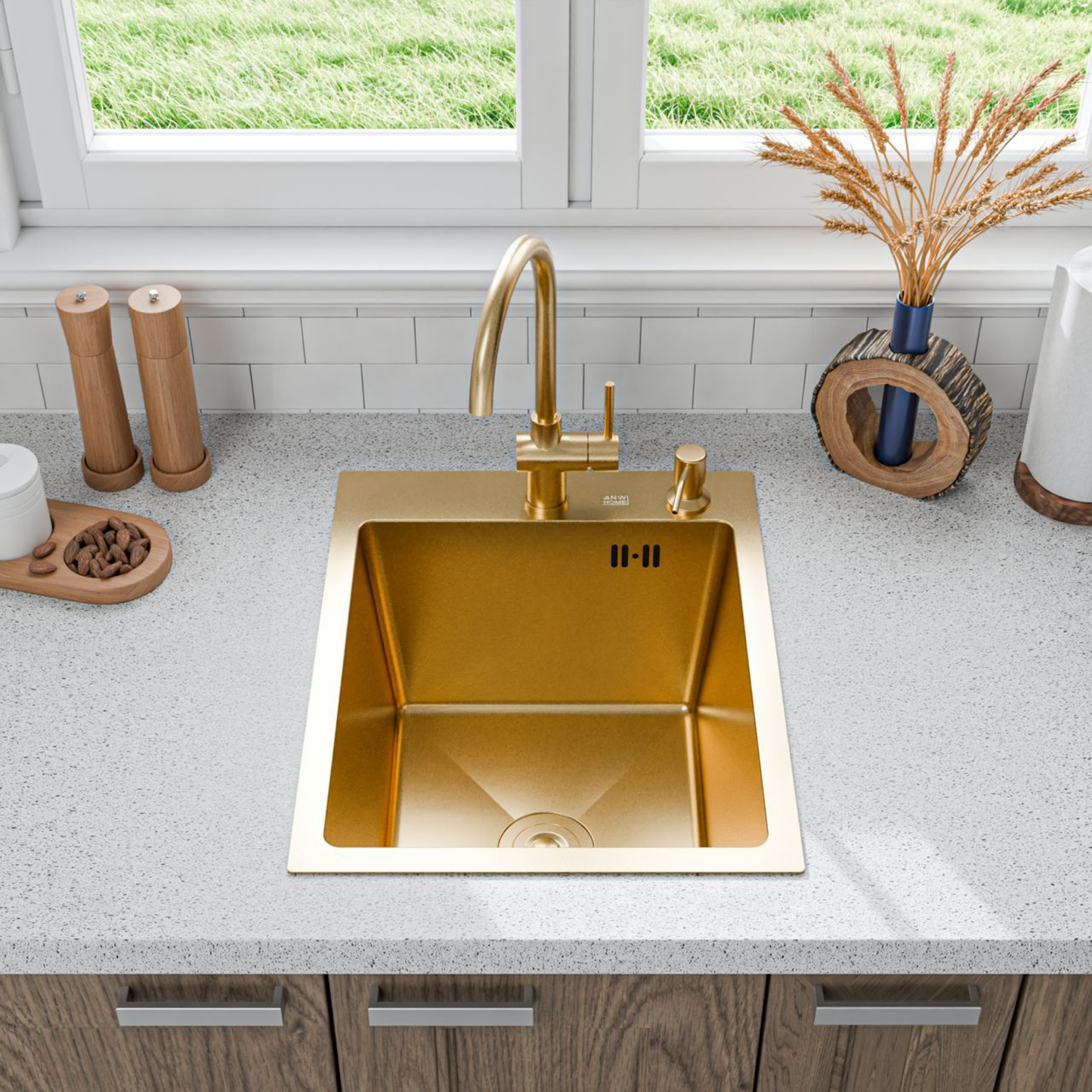 ANW HOME Evier Cuisine Inox 40x50 cm, Evier Cuisine 1 Bac à Encastrer, Or PVD, Surface Nano-Revêtue, Profondeur 22 cm, Épaisseur 3,0+1 mm, avec Siphon Distributeur et Panier