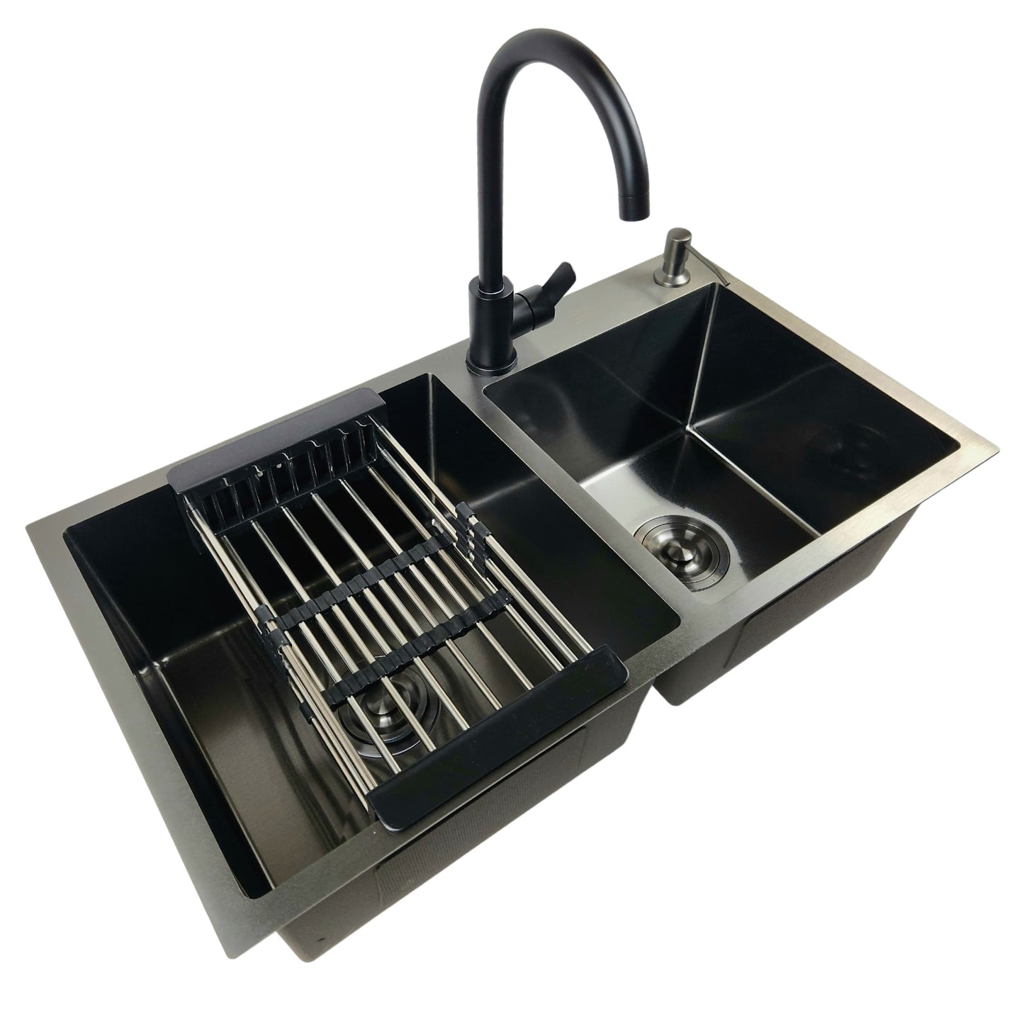 ANW HOME 780x430x220 mm Double Bowl Kitchen Sink – Nano Black Stainless Steel Top Mount