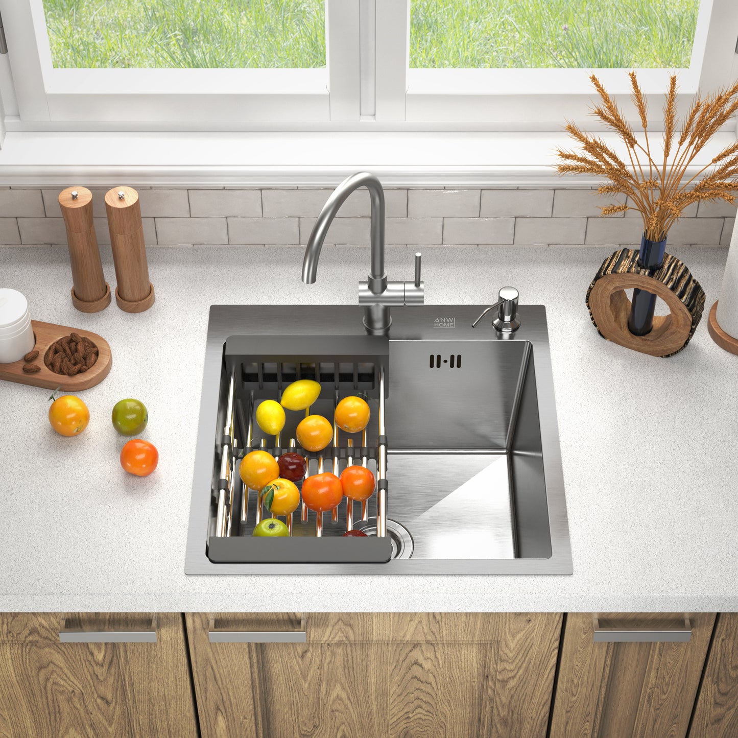ANW HOME Kitchen Sink Stainless Steel Single Bowl Kitchen Sink 50 x 50 cm, Inset, Silver, Nano Coating, Thickness 3.0/1 mm, 22 cm Bowl Depth, with Waste Kit & Soap Dispenser