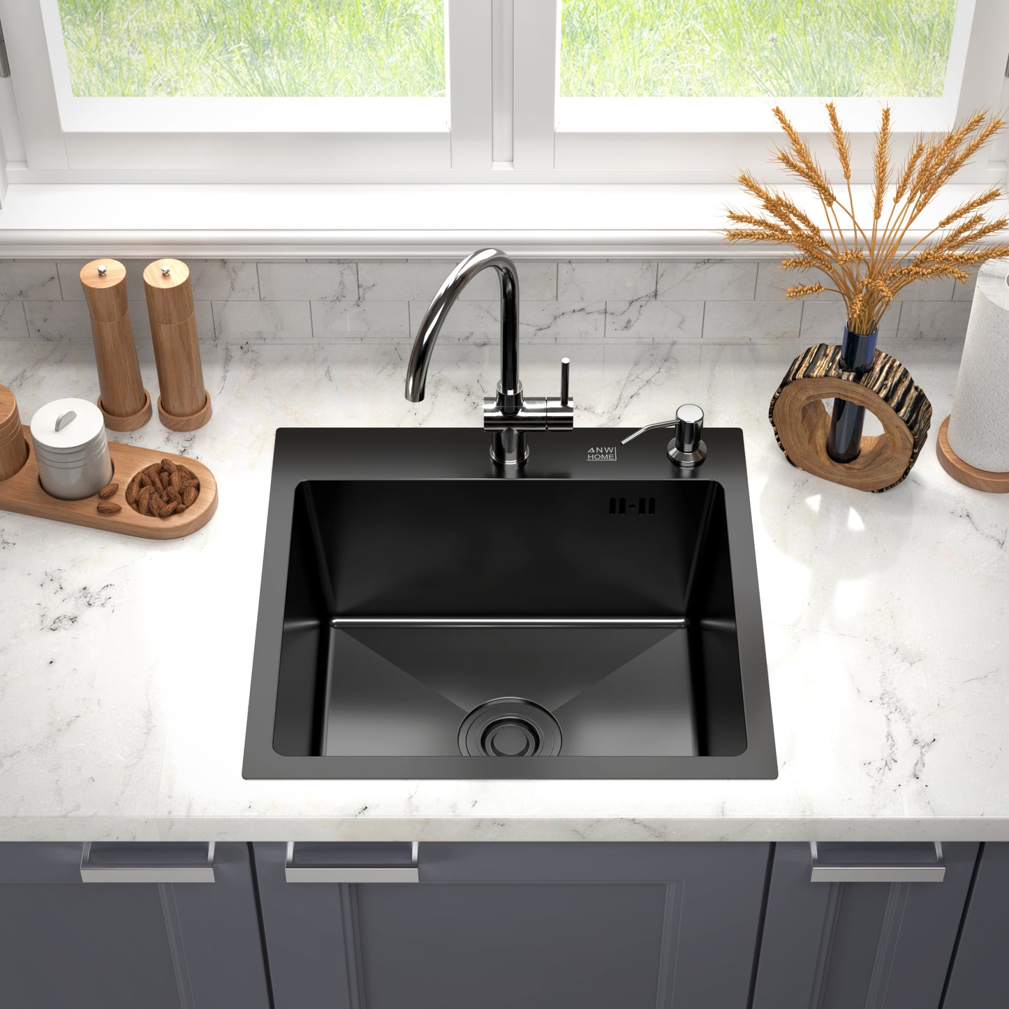 ANW HOME PVD Graphite Edelstahl-Spüle zur Aufsatzmontage, Einzelbecken, 46 x 45 x 22 cm – Kratzfest, Hygienisch, Schalldicht