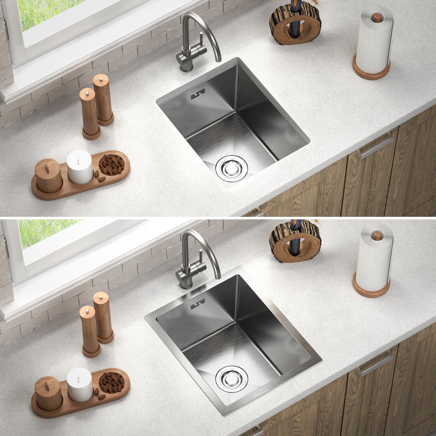 ANW HOME Évier Cuisine 1 Bac, Évier Cuisine Inox Sous Plan en Acier Inox 304, 37 x 45 cm, Argent, Revêtement Nano, Profondeur 22 cm, Épaisseur 3,0/1 mm, avec Siphon