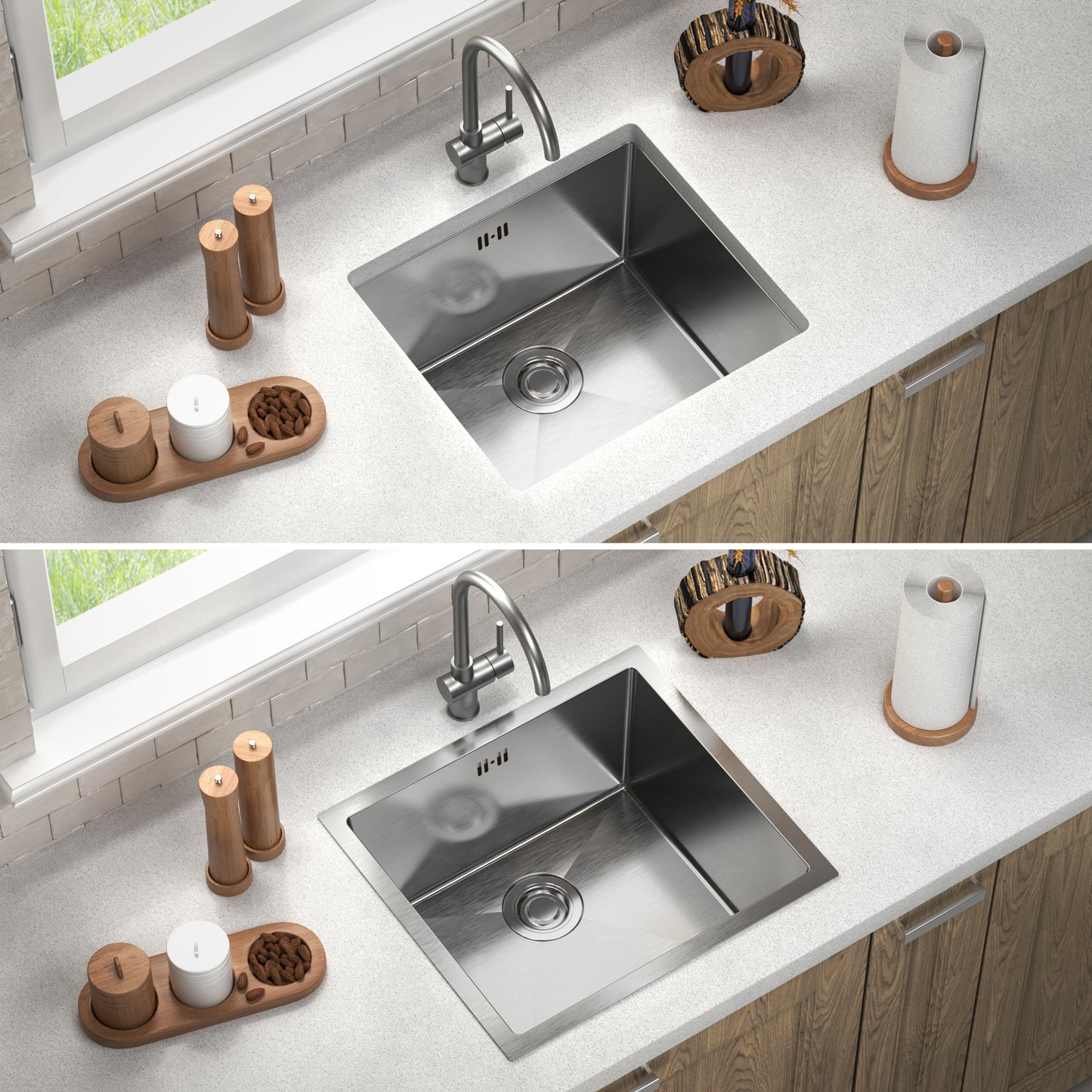 ANW HOME Küchenspüle Edelstahl, Spülbecken Küche 49x44 cm, Unterbauspüle 1 Becken, Spüle , Tiefe 22 cm, Stärke 3.0+1 mm, Nano-Beschichtung, mit Siphon