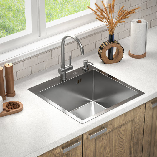 Zlew kuchenny ANW HOME Nano Silver ze stali nierdzewnej 50x50 cm – pojedyncza komora, montaż od góry, głębokość 220 mm