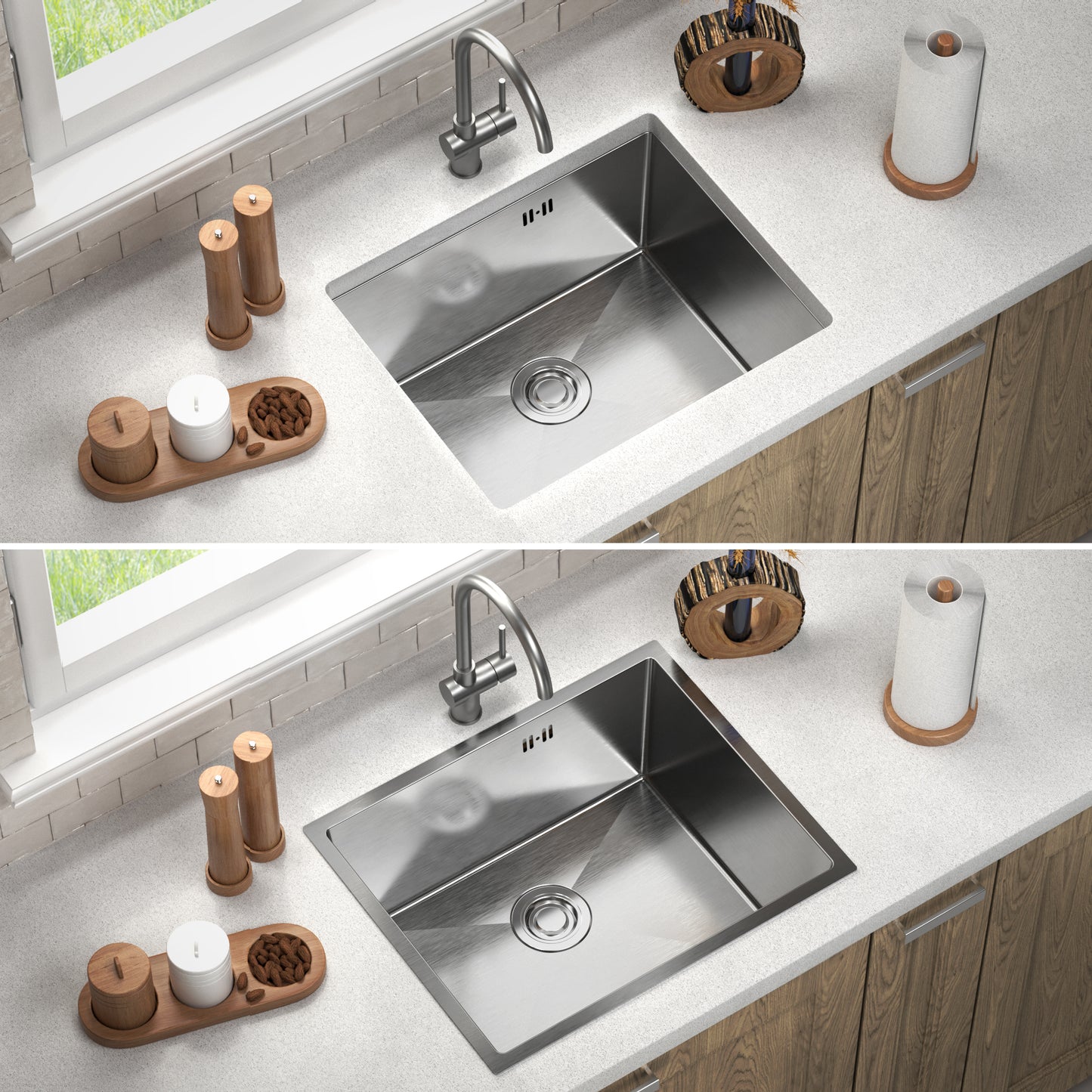 ANW HOME Fregadero Cocina 1 Seno, Fregadero Bajo Encimera Acero Inox 54x44, Profundidad 22 cm, Grosor 3.0+1 mm, Nano Revestimiento, con Sifón