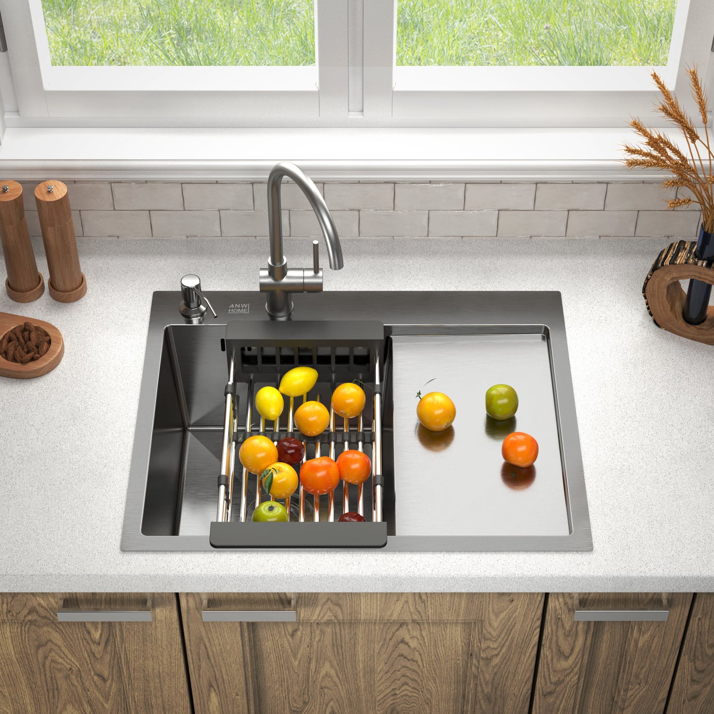 ANW HOME Kitchen Sink, Stainless Steel, Single Bowl Kitchen Sink with Drainer, Inset 63x50 cm, Silver, Nano Finish, Thickness 3.0+1 mm, 22 cm Deep, with Siphon, Soap Dispenser and Basket