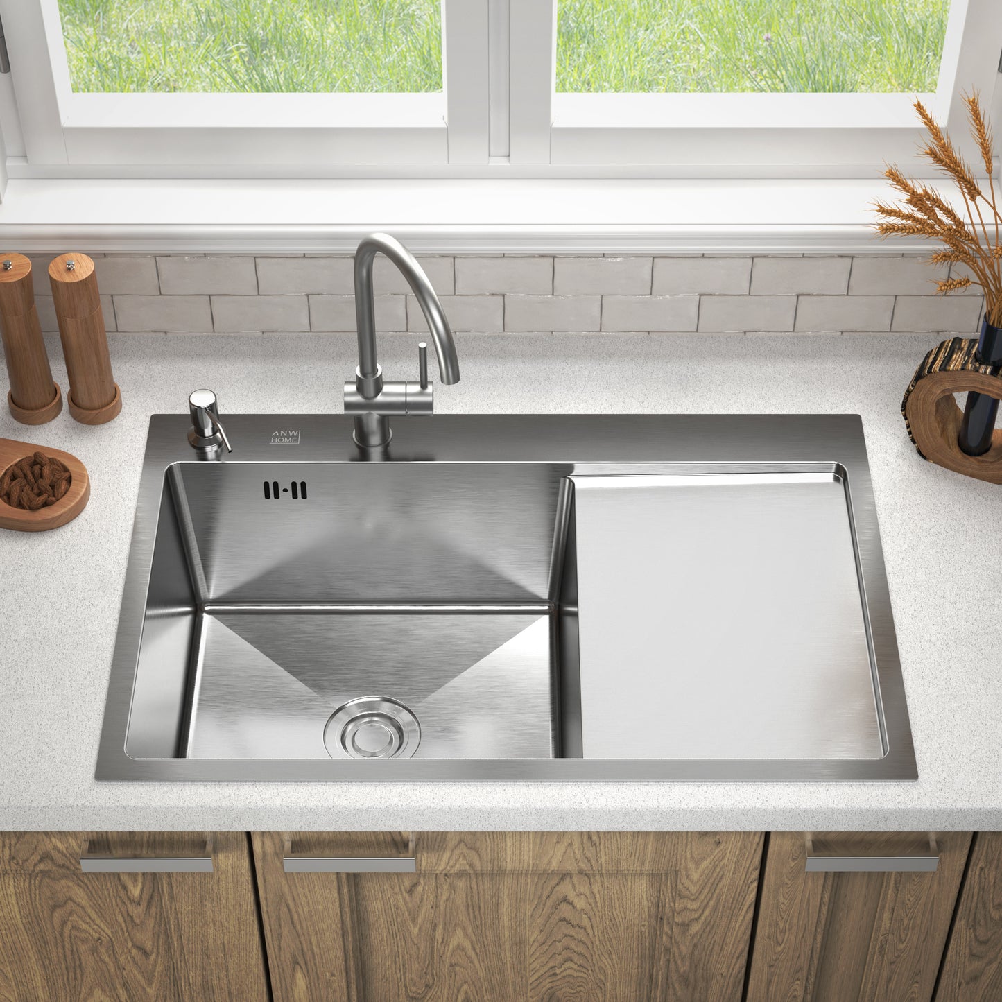 ANW HOME Kitchen Sink, Single Bowl Kitchen Sink with Drainer, Stainless Steel 304, 78x50 cm, Silver, Nano-Coated Finish, Thickness 3.0/1 mm, Topmount, with Waste Trap and Soap Dispenser
