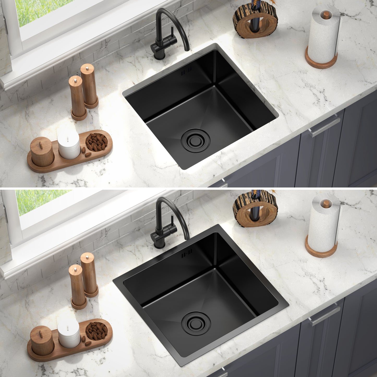 ANW HOME 47x45 cm Under-Mount Single-Bowl Kitchen Sink – Graphite Black Nano Finish with Siphon & Mounting Kit
