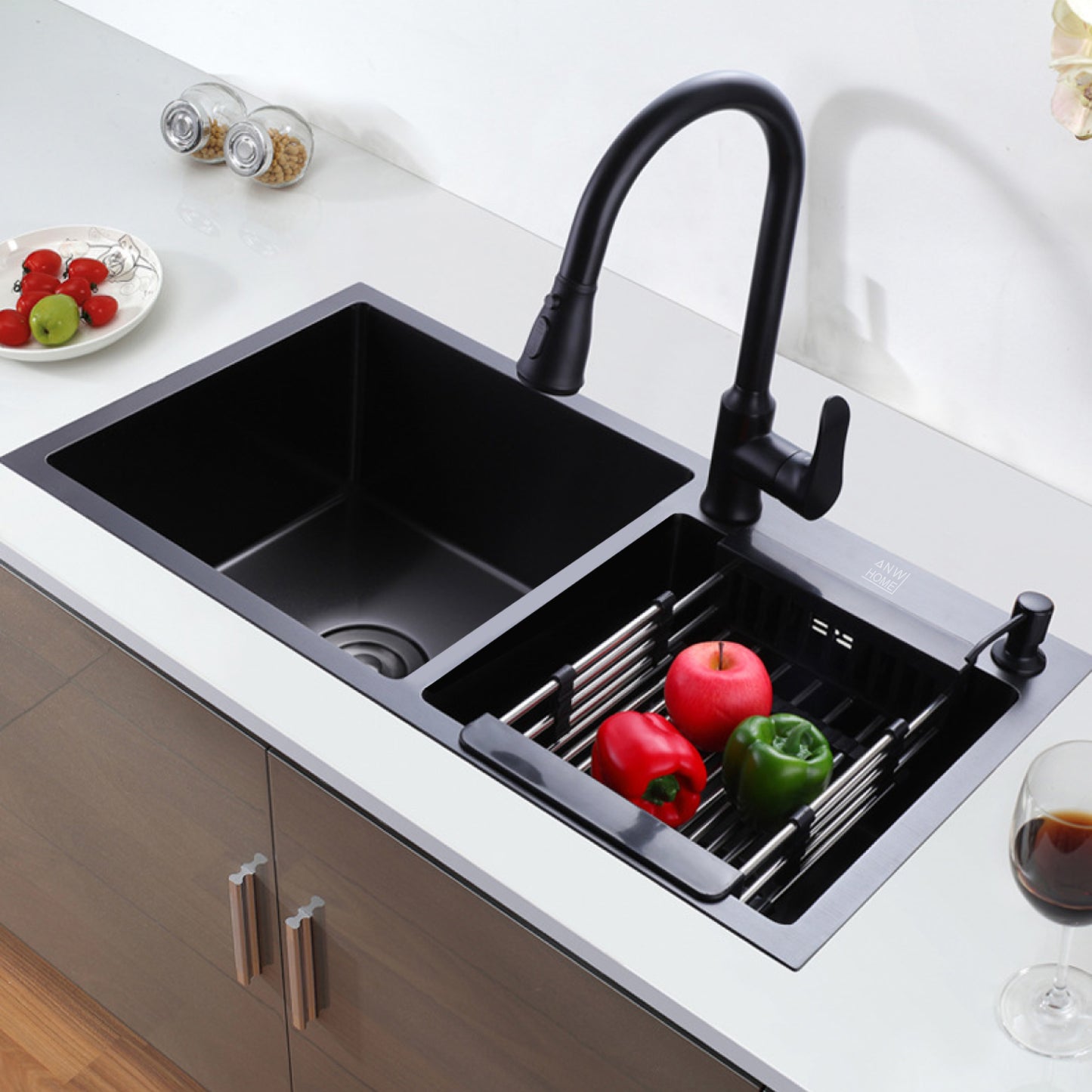 Stainless steel double bowl color black size 78x43 with a black faucet and black countertop with a stainless steel sink rack