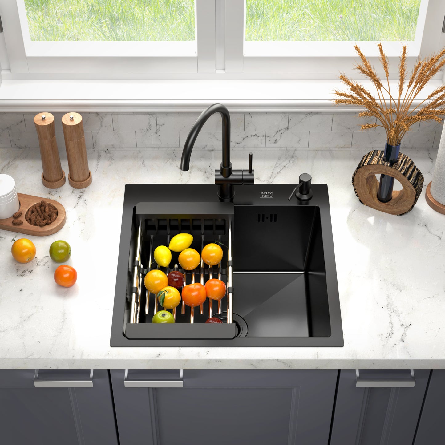ANW HOME Lavello Cucina 1 Vasca Acciaio Inox 50x50 cm Senza Gocciolatoio, Grafite PVD con Rivestimento Nano, Spessore 3,0+1 mm, Profondità 22 cm, con Sifone