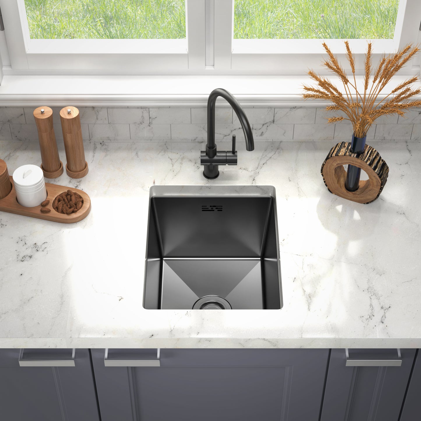 ANW HOME kuchyňský dřez 37x45 cm, nerezový dřez, jednodřez pro spodní montáž, grafit PVD s nano povrchem, tloušťka 3,0+1 mm, se sifonem