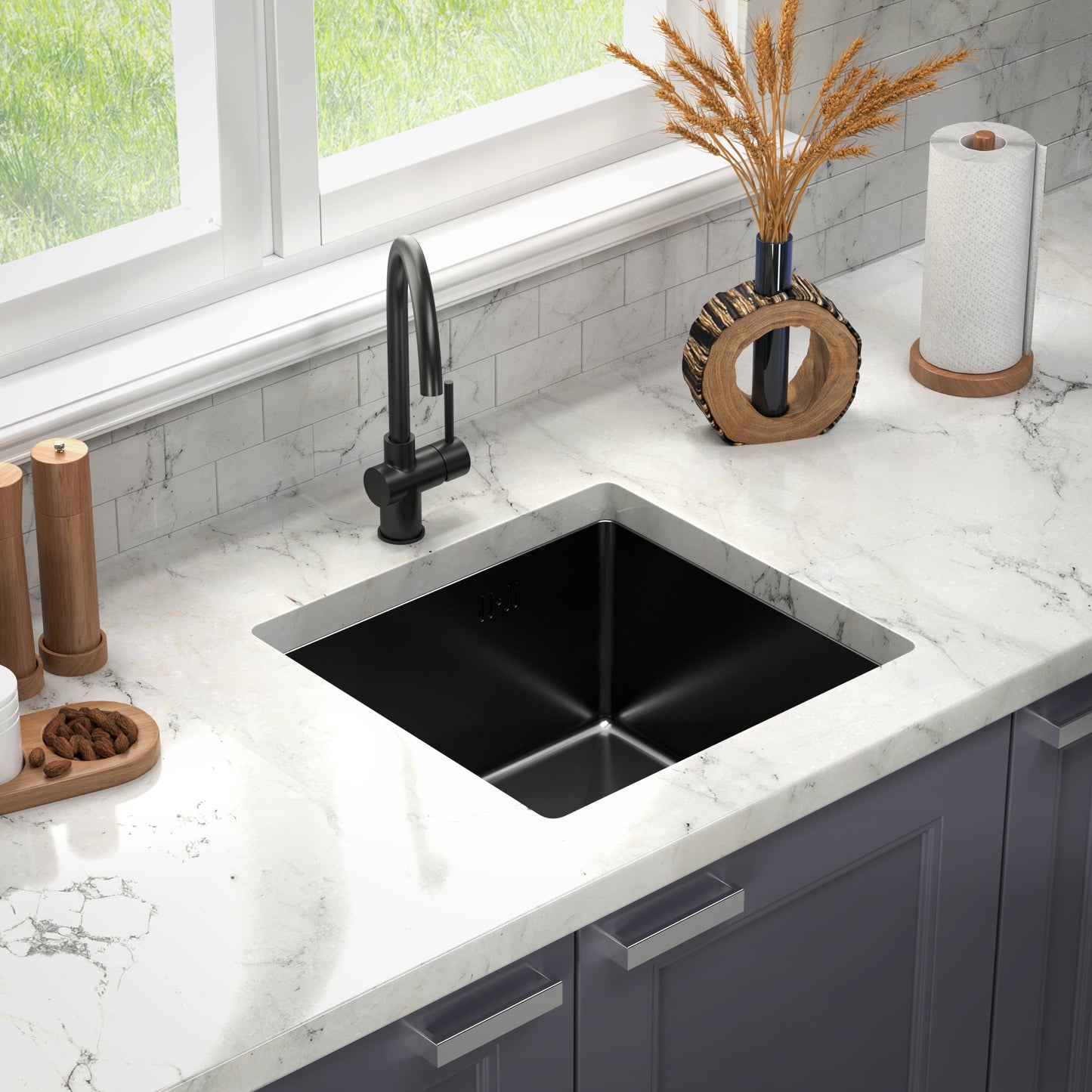 ANW HOME 47x45 cm Under-Mount Single-Bowl Kitchen Sink – Graphite Black Nano Finish with Siphon & Mounting Kit