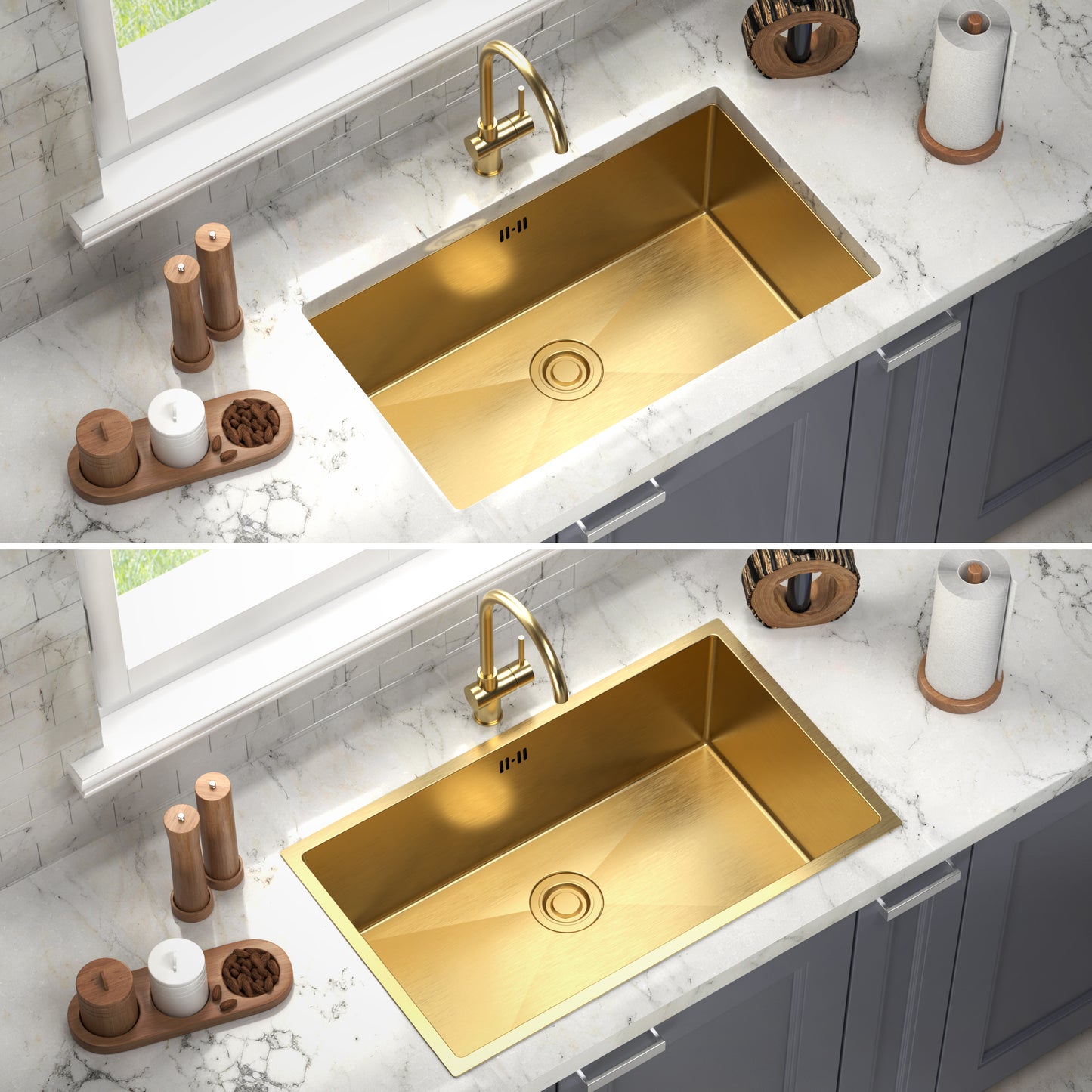 ANW HOME Spülbecken Küche 1 Becken Unterbau Spülbecken Edelstahl 304 74x44 cm Gold PVD Nano-Beschichtung Stärke 3+1 mm mit Siphon