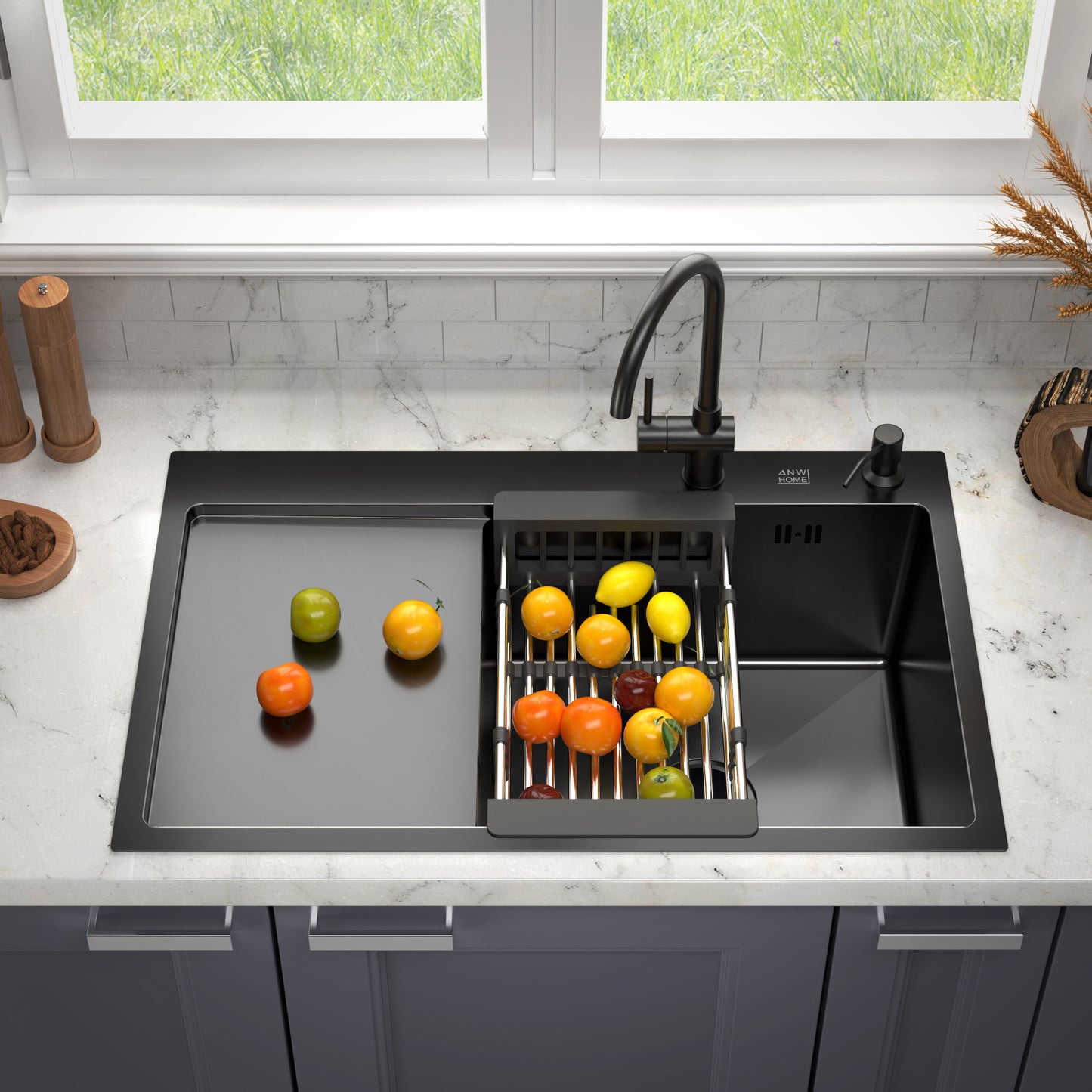 ANW HOME Kitchen Sink, Single Bowl Kitchen Sink, Stainless Steel with Drainer, Topmount 78x50 cm, Graphite PVD, Nano-Coated Finish, Thickness 3.0+1 mm