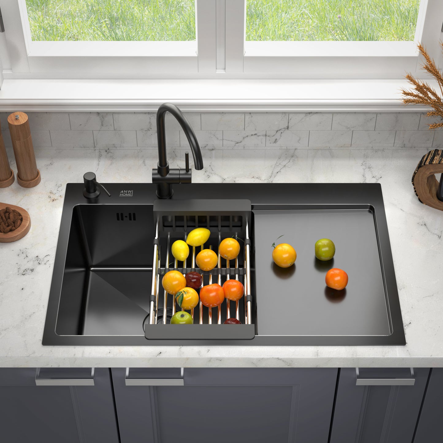 ANW HOME Fregadero Cocina 1 Seno Sobre Encimera con Escurridor, Acero Inoxidable 304, 78x50 cm, Grafito PVD, Acabado con Nano-Revestimiento, Grosor 3.0+1 mm, 22 cm, con Sifón, Dosificador y Cesta