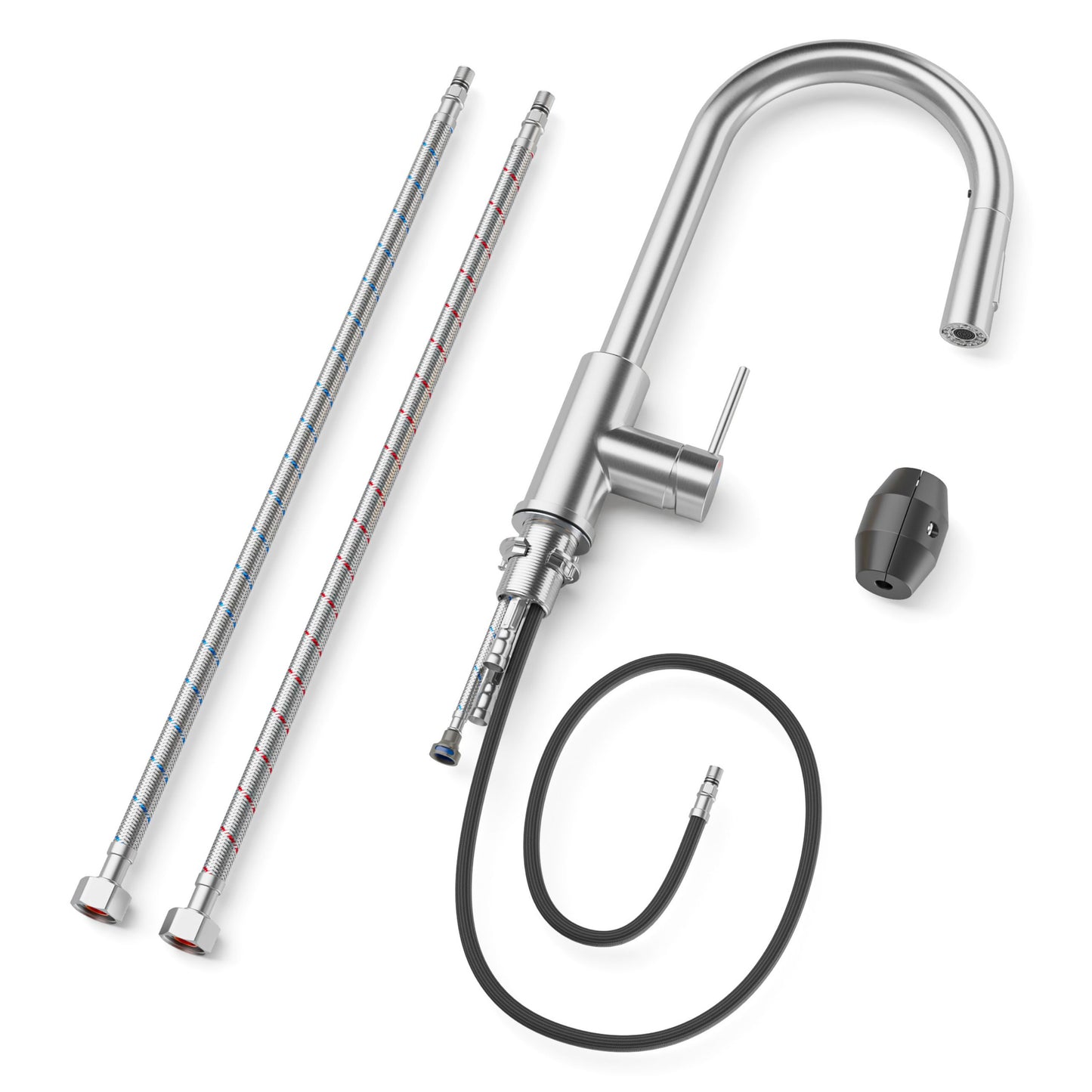 ANW HOME High-Arc Brushed Inox Kitchen Faucet with Pull-Out Spout and 360° Rotation – 390 mm
