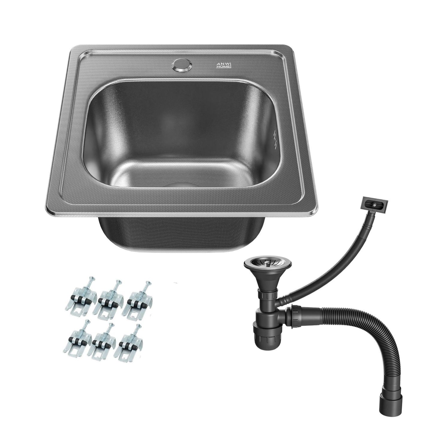ANW HOME Einbauspüle Edelstahl 38x38 cm Spülbecken Küche Edelstahl mit Siphon Küchenspüle 1 Becken 18 cm Tiefe mit Siphon und Ablaufgarnitur