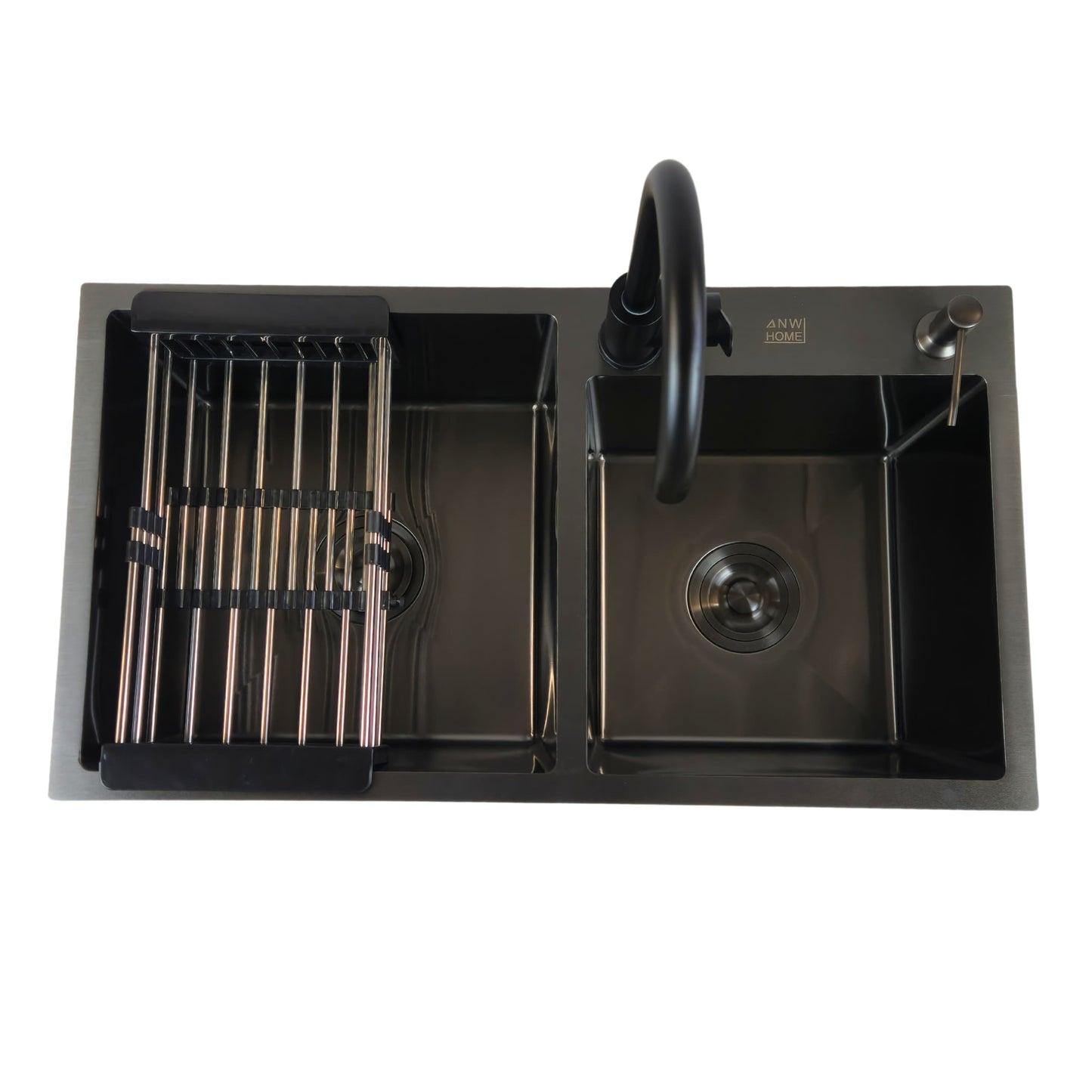 ANW HOME 780x430x220 mm Double Bowl Kitchen Sink – Nano Black Stainless Steel Top Mount