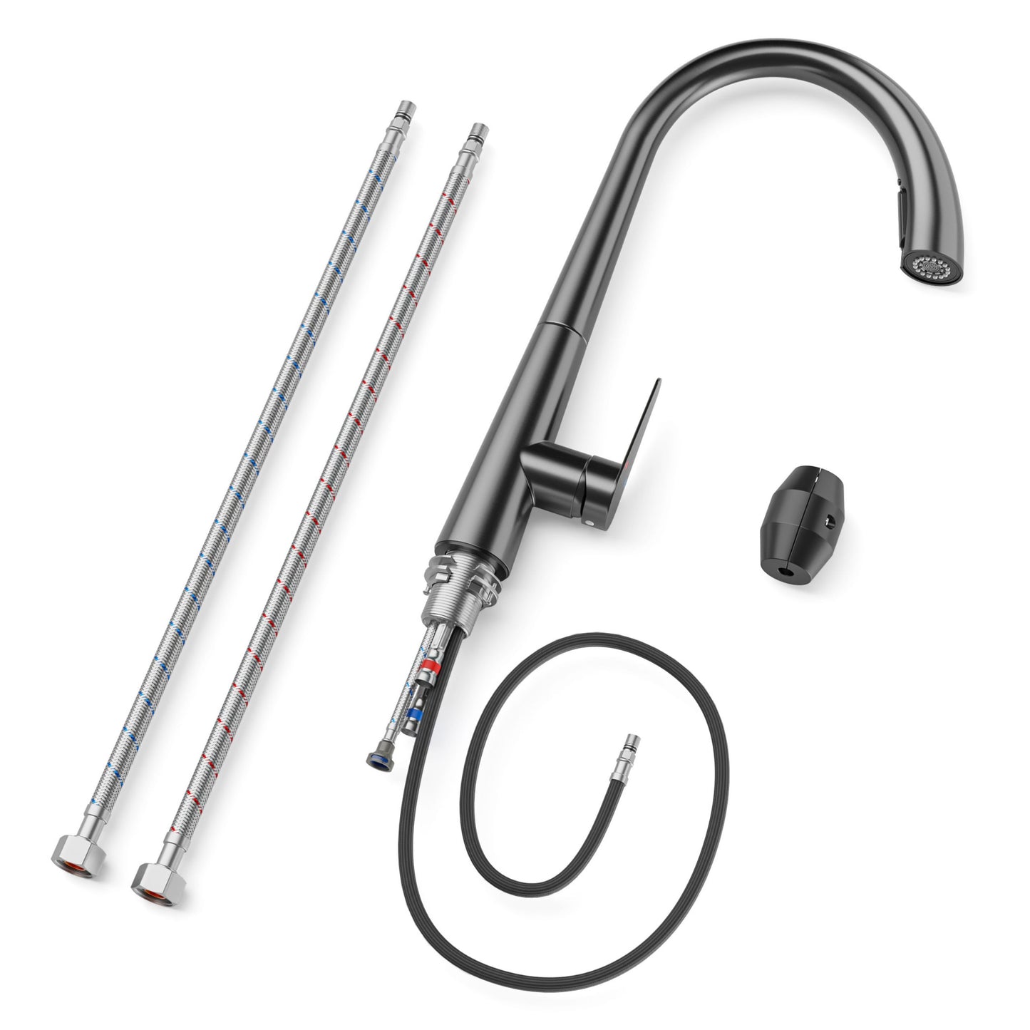 ANW HOME Medium-Arc Matte Graphite Kitchen Faucet with Pull-Out Spout and 360° Rotation – 430 mm