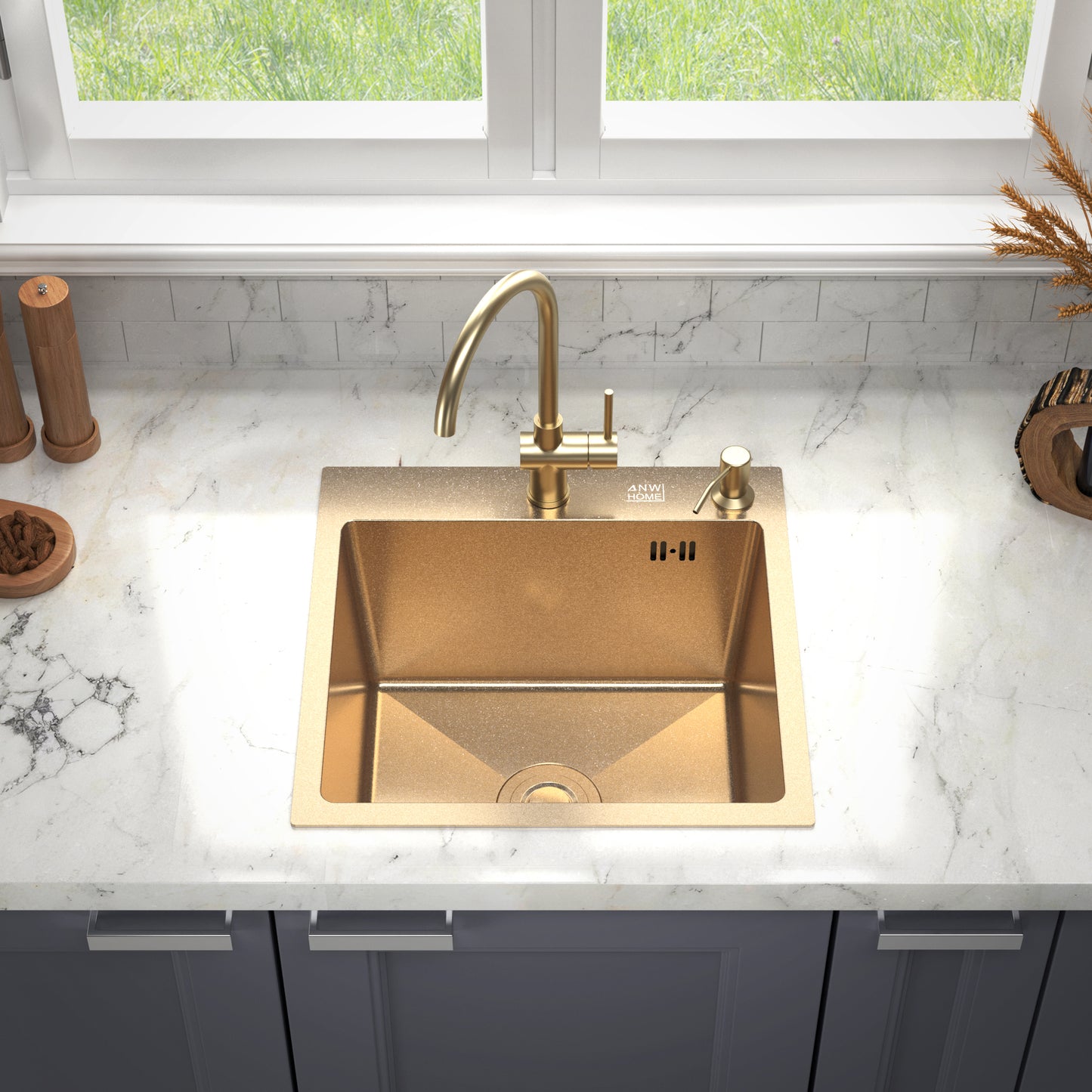 46x45 cm Single-Bowl Kitchen Sink – Gold Finish, 220 mm Deep, Top-Mount, Accessories Included