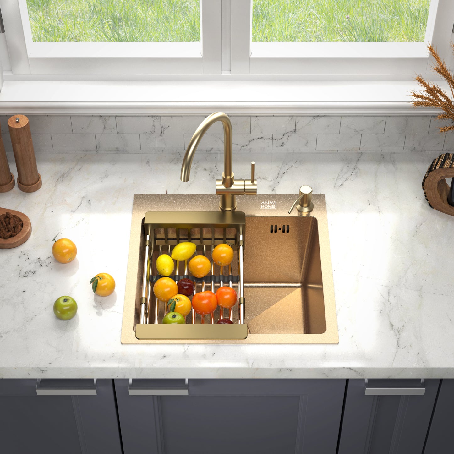 46x45 cm Single-Bowl Kitchen Sink – Gold Finish, 220 mm Deep, Top-Mount, Accessories Included