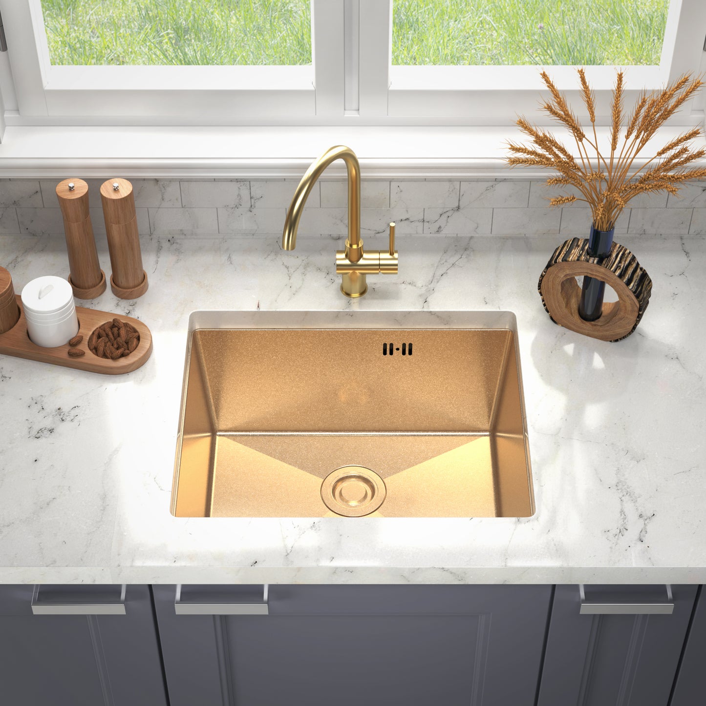 Elegant Gold PVD Steel Kitchen Sink 54x44 cm + Free Siphon