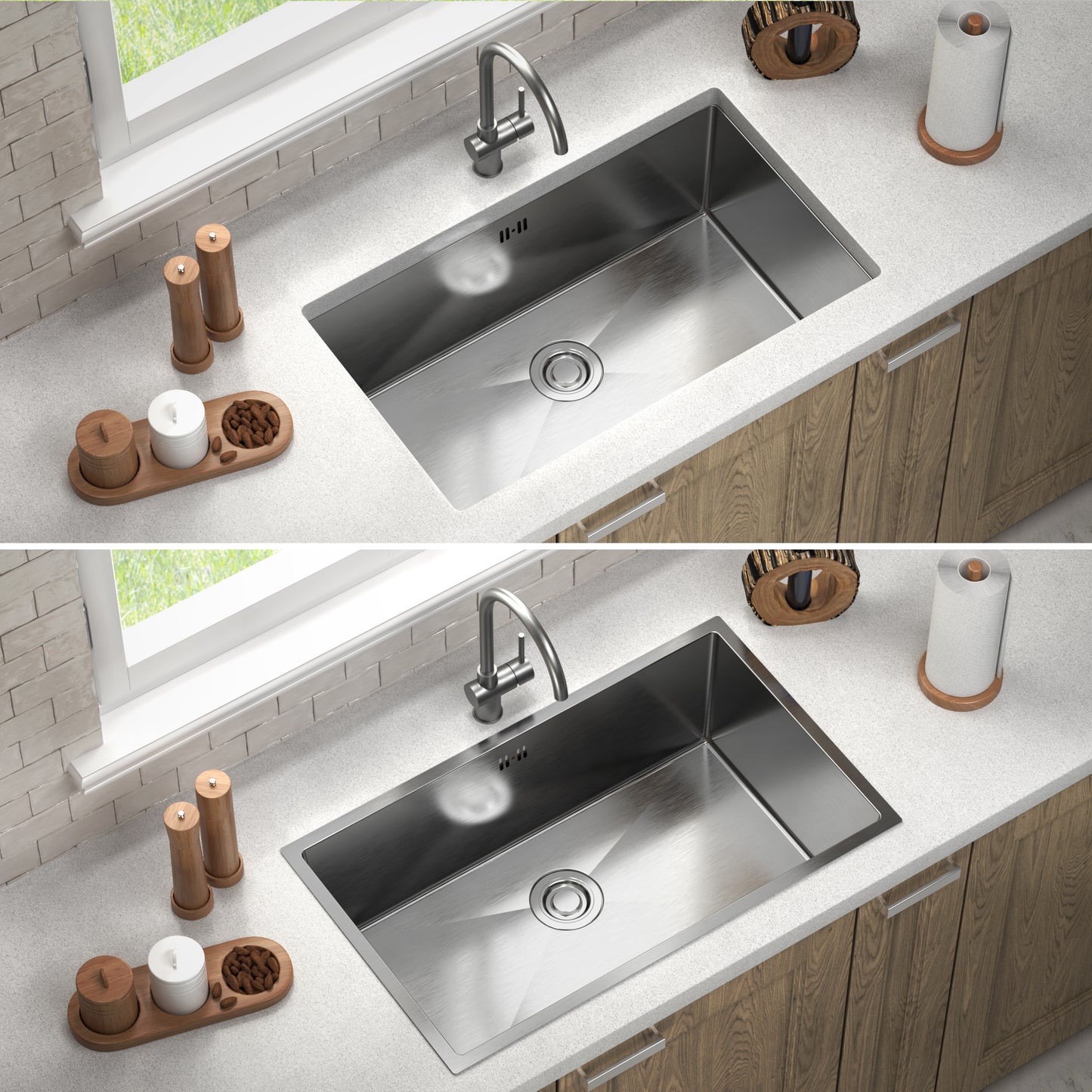 ANW HOME Silberne Unterbauspüle aus Edelstahl, 74 x 44 x 22 cm, komplettes Set