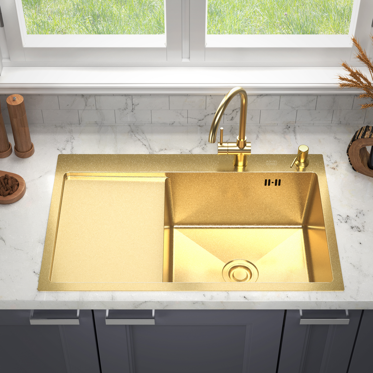 Single Bowl Kitchen Sink with Drainer 78x50 cm, Gold Finish, Accessories Included