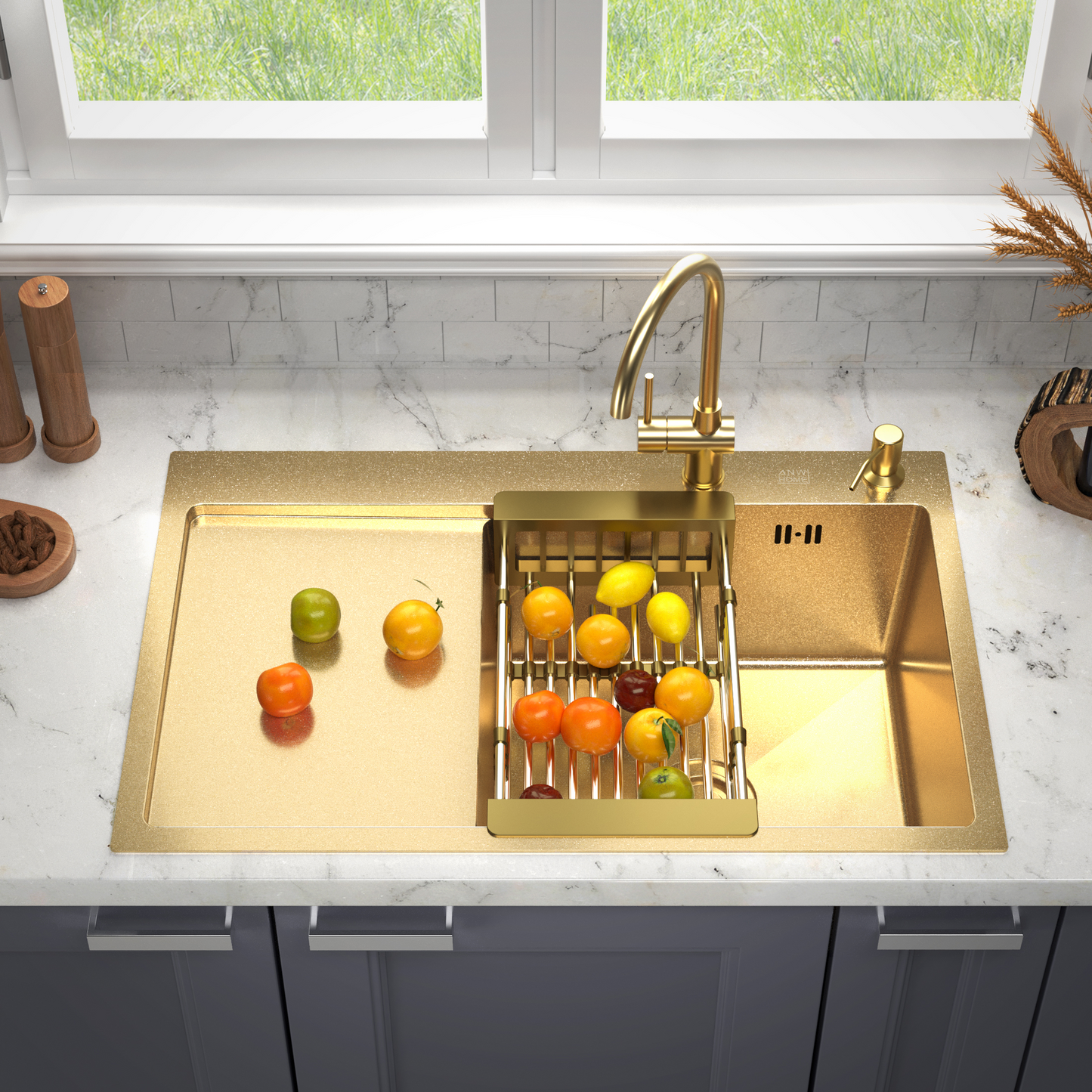 Single Bowl Kitchen Sink with Drainer 78x50 cm, Gold Finish, Accessories Included