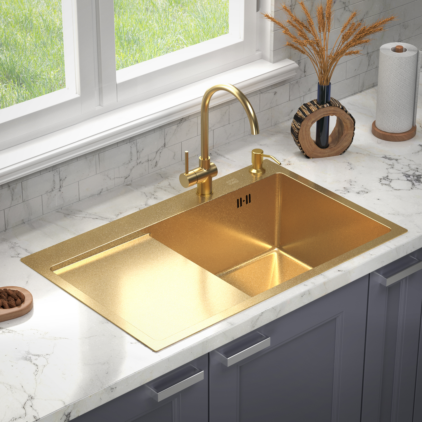 Single Bowl Kitchen Sink with Drainer 78x50 cm, Gold Finish, Accessories Included
