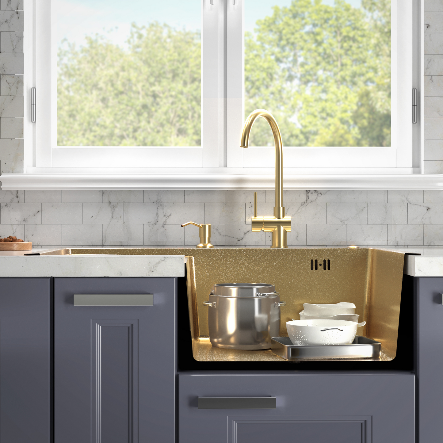 Single Bowl Kitchen Sink with Drainer 78x50 cm, Gold Finish, Accessories Included