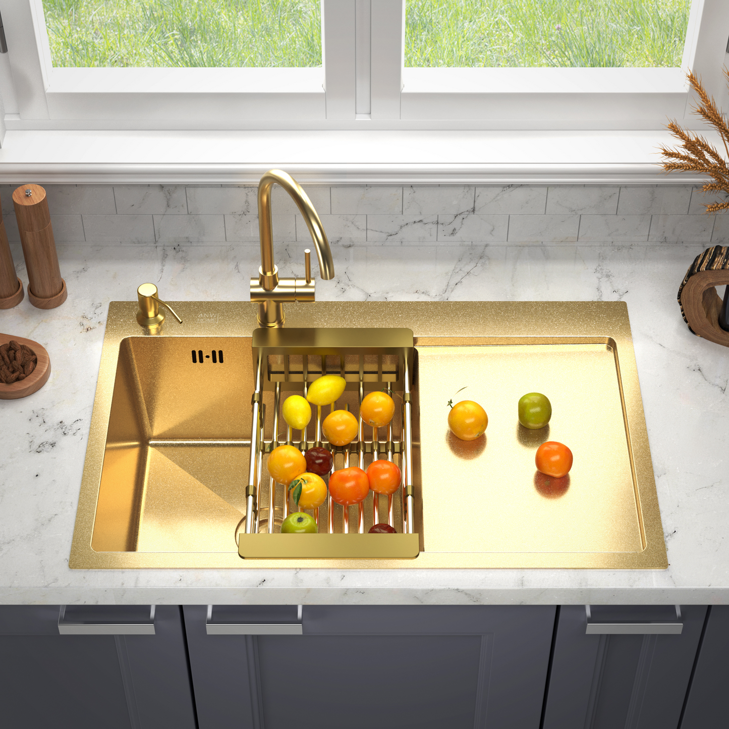 ANW HOME Evier Cuisine 1 Bac Evier Inox à Encastrer avec Égouttoir Acier Inox 304 78x50 cm Doré PVD Revêtement Nano Épaisseur 3,0+1 mm avec Siphon, Distributeur et Panier