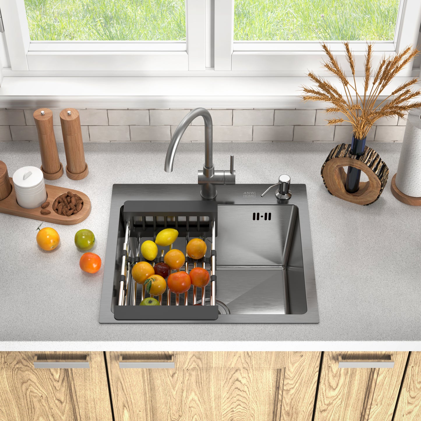 ANW HOME Évier Cuisine 1 Bac, Évier Inox à Encastrer 50x45 cm, Profondeur 22 cm, Épaisseur 3.0+1 mm, Finition Nano-Coating Anti-Rayures, avec Siphon, Distributeur et Panier