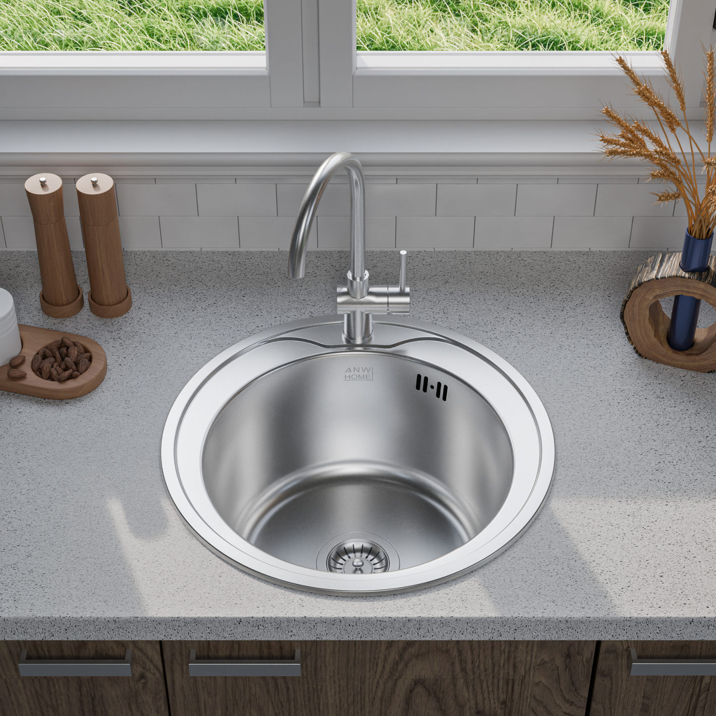 ANW HOME virtuves izlietne, nerūsējošā tērauda izlietne, vienas bļodas apaļa Ø49 cm, virsmas montāža, satīna apdare, biezums 1 mm, ar sifonu