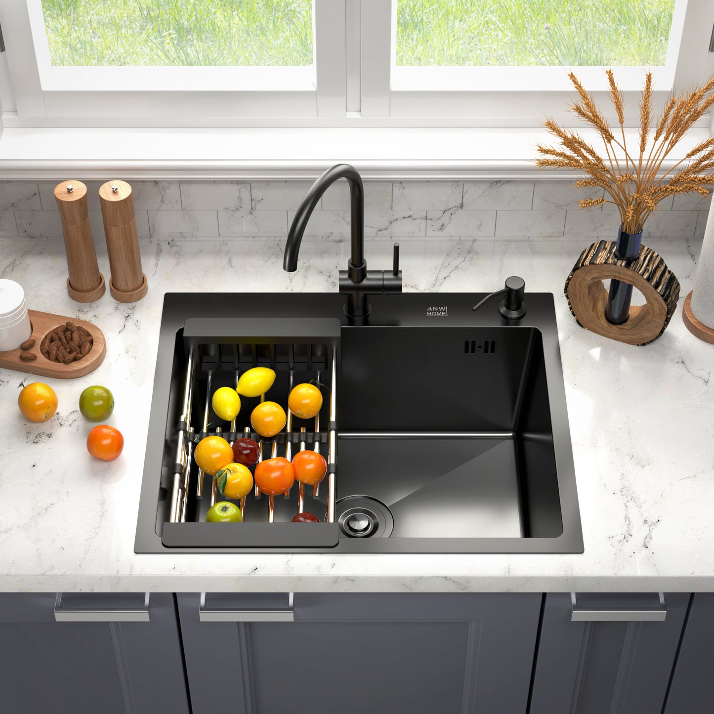 ANW HOME Spülbecken, Küchenspüle, Einbauspüle Edelstahl 60x50 cm, Graphit, Nano-Beschichtung, Stärke 3,0/1 mm, Tiefe 22 cm, mit Siphon und Seifenspender