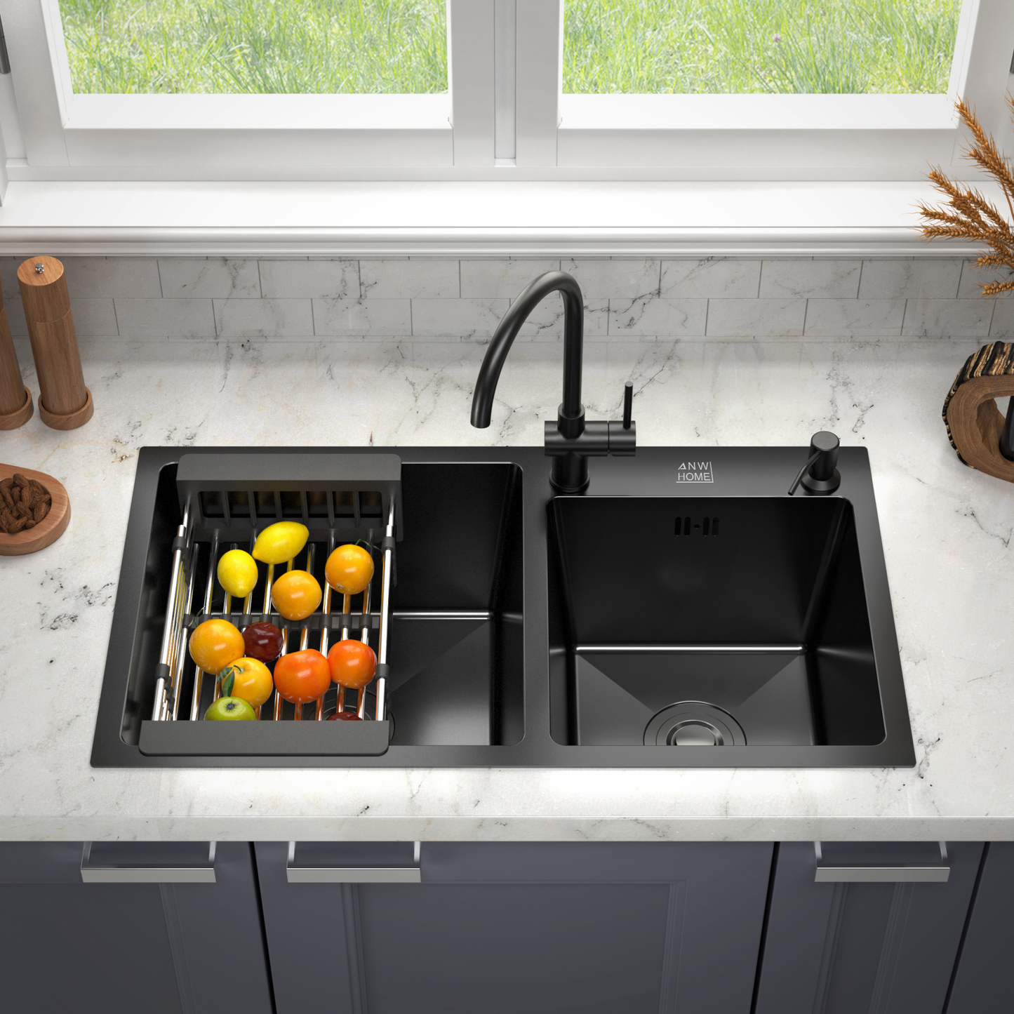ANW HOME Fregadero Cocina, Fregadero Acero Inoxidable 2 Senos Sobre Encimera 78x43 cm, Grafito PVD con Recubrimiento Nano, Grosor 3.0+1 mm