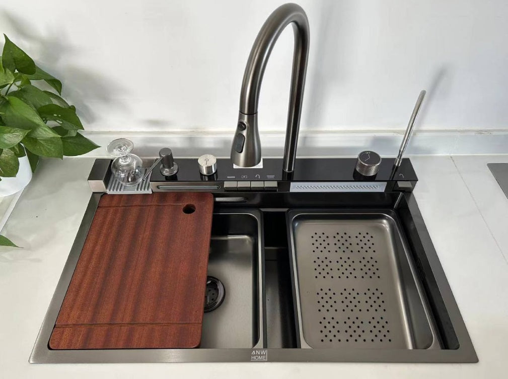 ANW HOME Graphite Waterfall Top-Mount Kitchen Sink 75x46 cm – Stainless Steel Full Set