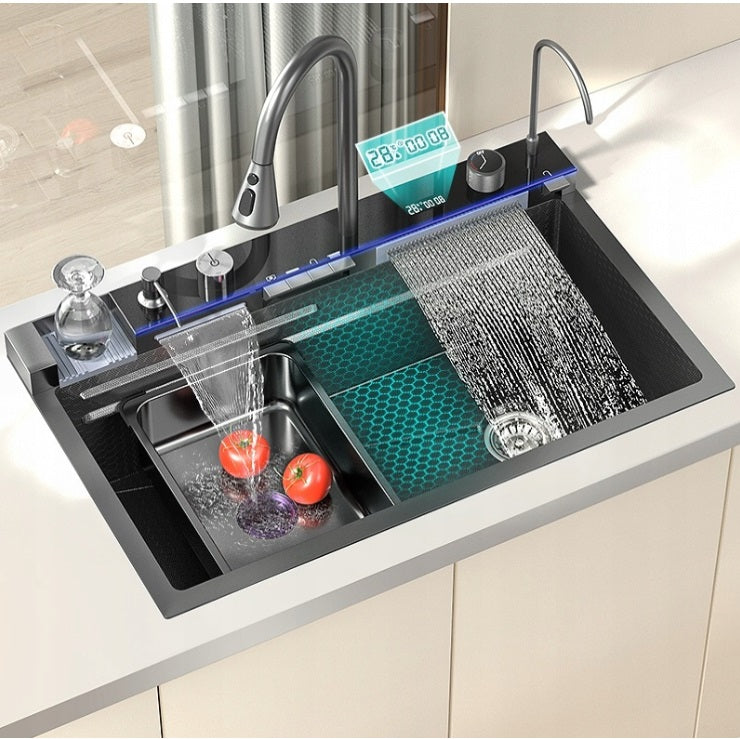 ANW HOME Graphite Waterfall Top-Mount Kitchen Sink 75x46 cm – Stainless Steel Full Set