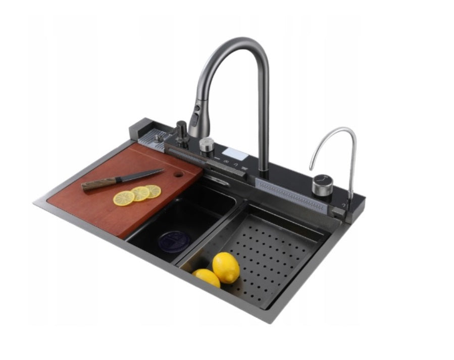 ANW HOME Graphite Waterfall Top-Mount Kitchen Sink 75x46 cm – Stainless Steel Full Set