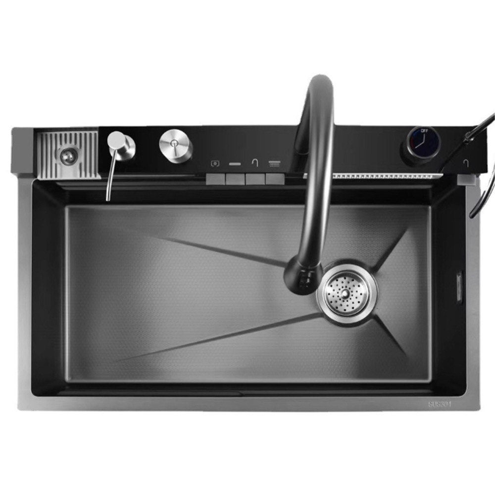 ANW HOME Graphite Waterfall Top-Mount Kitchen Sink 75x46 cm – Stainless Steel Full Set