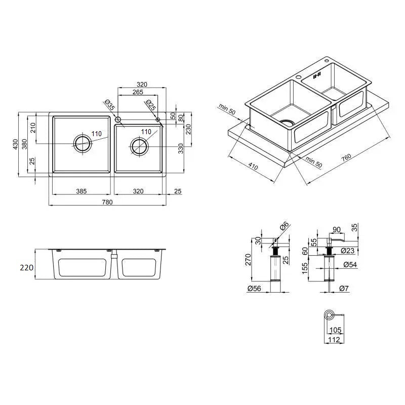 Stainless steel kitchen sink size 78x43 with all dimensions