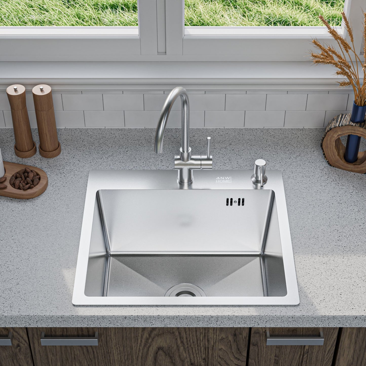 ANW HOME Fregadero Cocina 1 Seno, Fregadero sobre Encimera Acero Inoxidable 50x45 cm, Profundidad 22 cm, Grosor 3.0+1 mm, Superficie Nano-Coating, con Sifón, Dosificador y Cesta