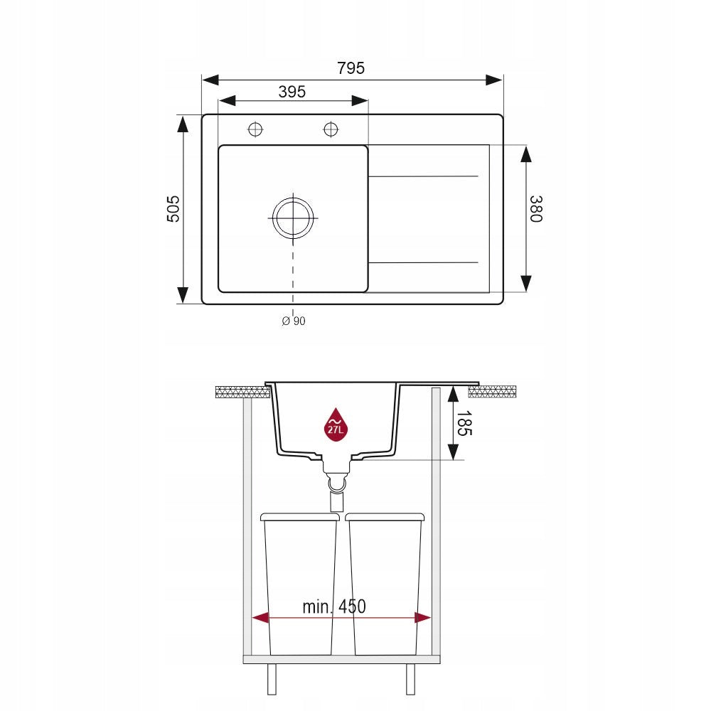 Egymedencés gránit konyhai mosogató csepegtetővel 80×50 cm – felülről beépíthető, antibakteriális, komplett szett