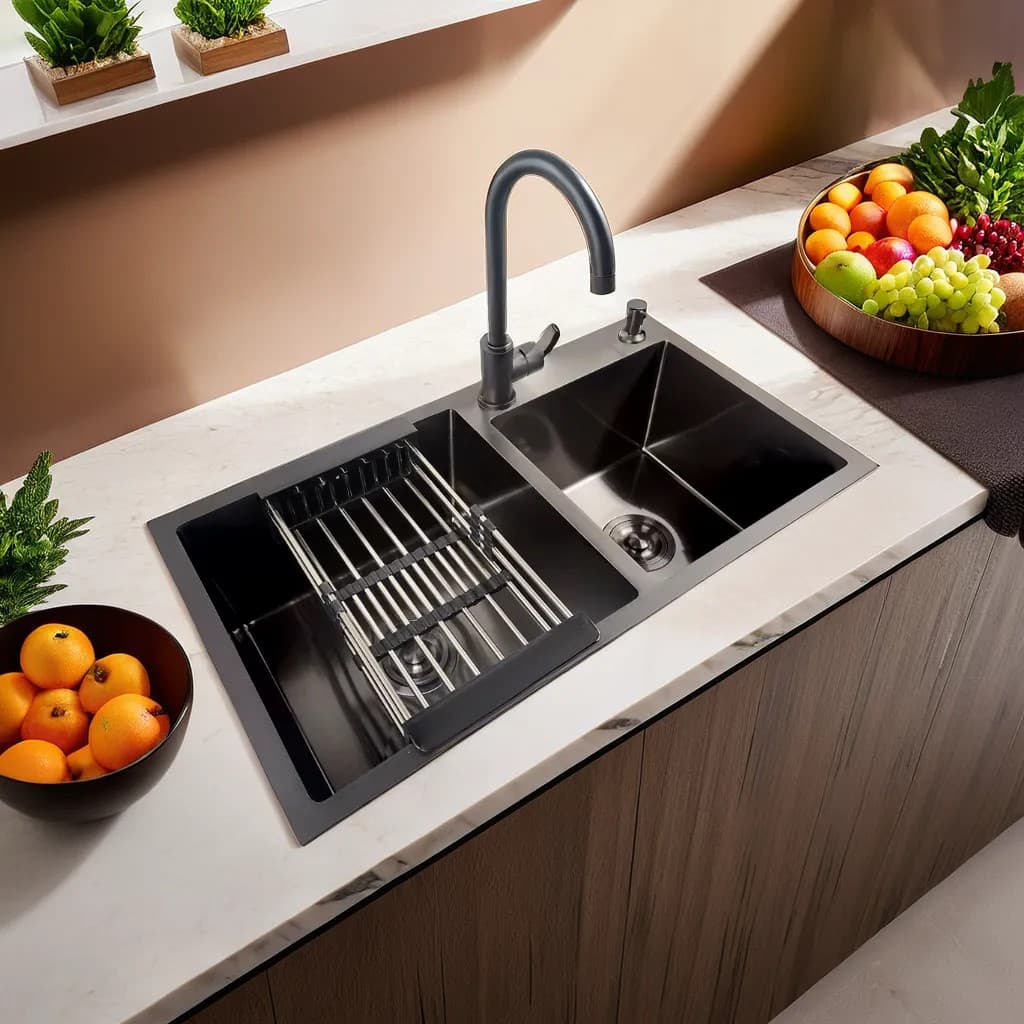 ANW HOME 780x430x220 mm Double Bowl Kitchen Sink – Nano Black Stainless Steel Top Mount