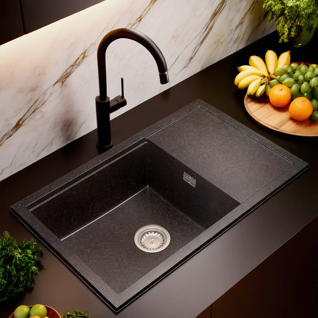 Jednokomorowy zlew kuchenny granitowy z ociekaczem 80x50 cm – montowany od góry, z syfonem w zestawie