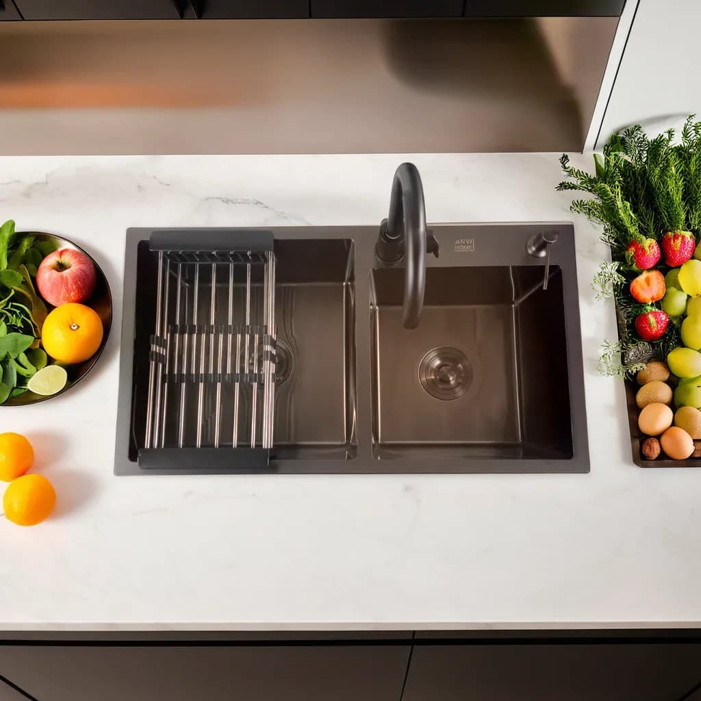 ANW HOME 780x430x220 mm Double Bowl Kitchen Sink – Nano Black Stainless Steel Top Mount