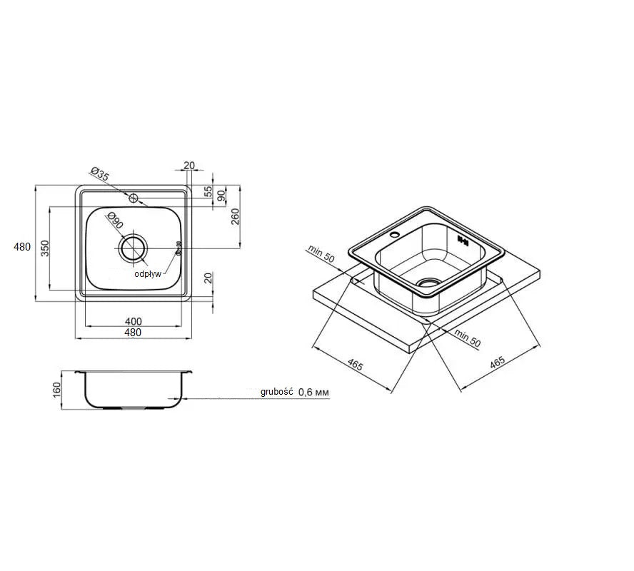 Fregadero de cocina ANW HOME de un seno 48x48x16 cm plata – Montaje superior, acero inoxidable, resistente a los arañazos, reducción de ruido, incluye colador y sifón