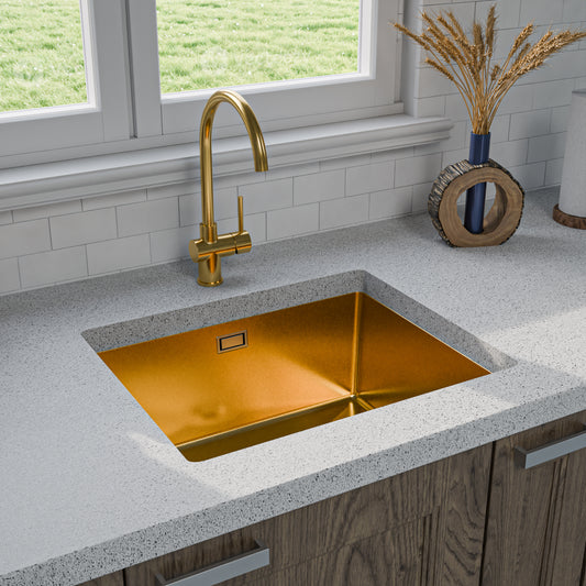 ANW HOME Spülbecken Küchenspüle Einbauspüle Unterbau Spülbecken Edelstahl 304 1 Becken 54x44 cm Gold Nano Oberfläche Stärke 3.0/1 mm mit Siphon