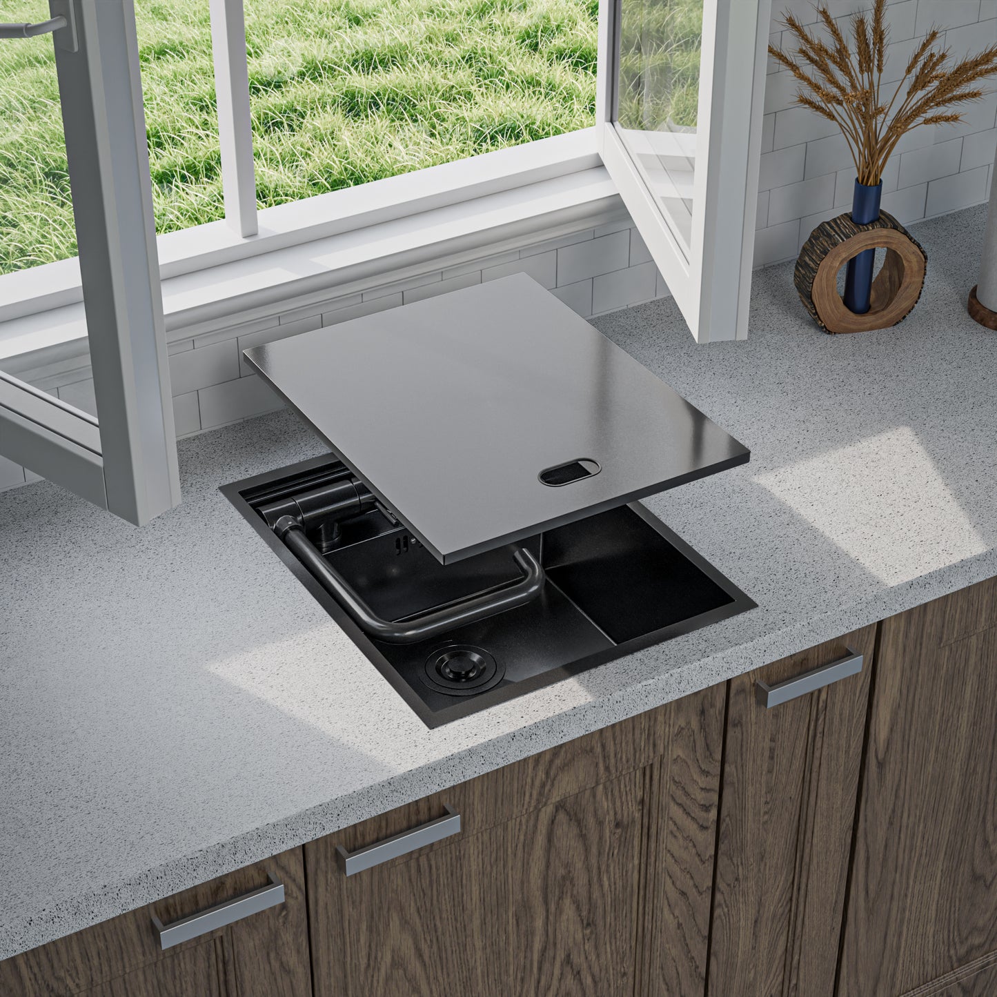 ANW HOME kuchynský drez z nehrdzavejúcej ocele 304, jednodrez na inset montáž 40x50 cm, grafit PVD s nano povrchom, hrúbka 3,0/1 mm, hĺbka 23 cm, s odtokovou sadou, batériou, dávkovačom a krytom