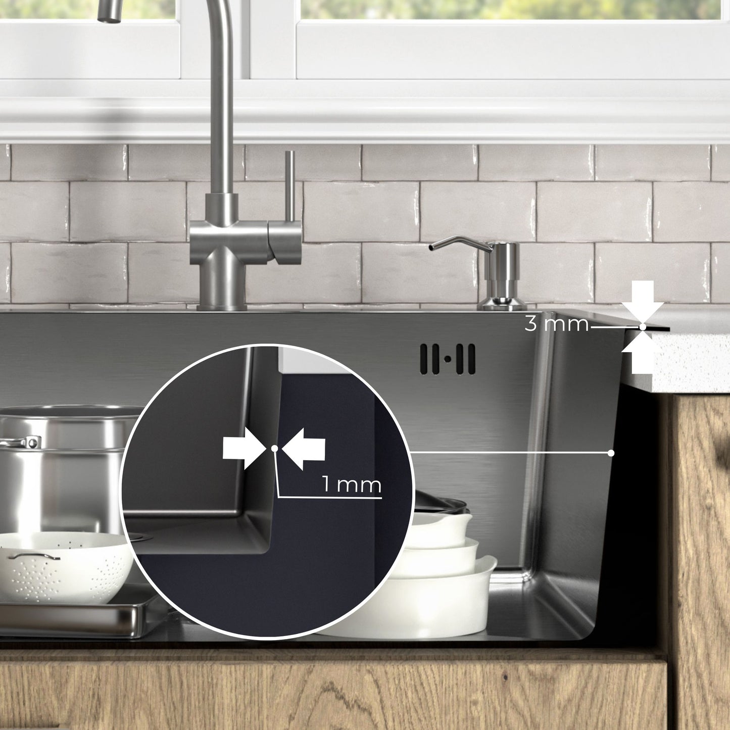 ANW HOME Lavello Cucina 1 Vasca, Lavandino Cucina in Acciaio Inox 304 con Montaggio Superiore, 60x50 cm, Argento, Finitura Nano, Spessore 3+1 mm, Profondità 22 cm, con Sifone